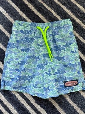Vineyard Vines Blue & Neon Green Fish Print Kids Swim Trunks